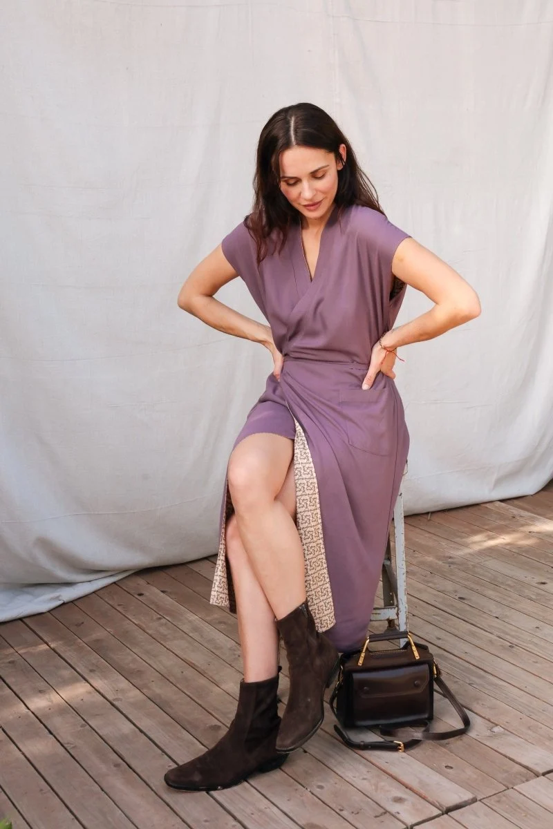 Aydın Reversible House Dress - Plum & Geometric Print - Image 17
